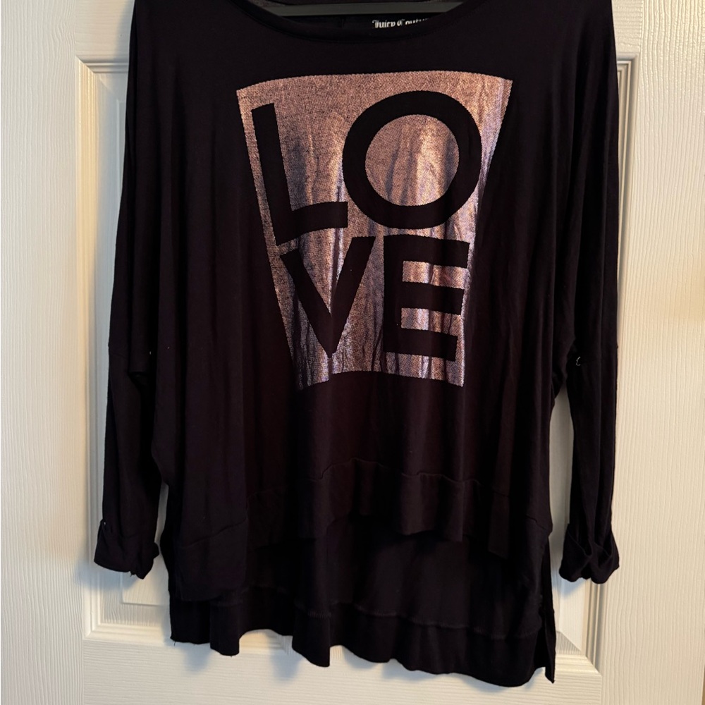 Juicy Couture Black Long Sleeve Top with Metallic Love Graphic